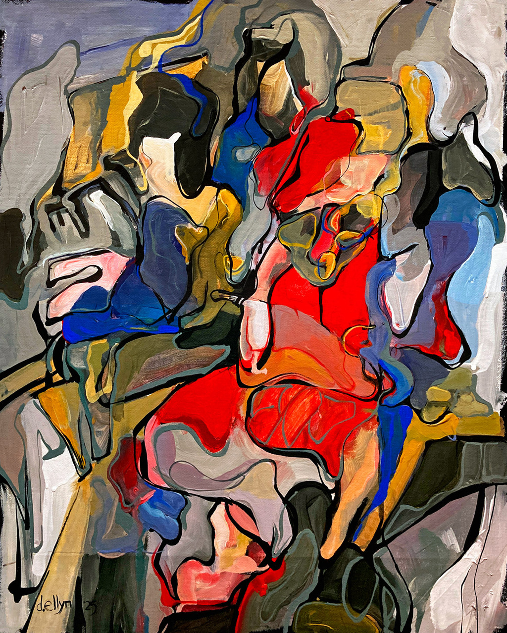 Abstract painting of two adult figures in a low-lit lounge-like space, one seated and one playing piano, suggesting quiet intimacy.