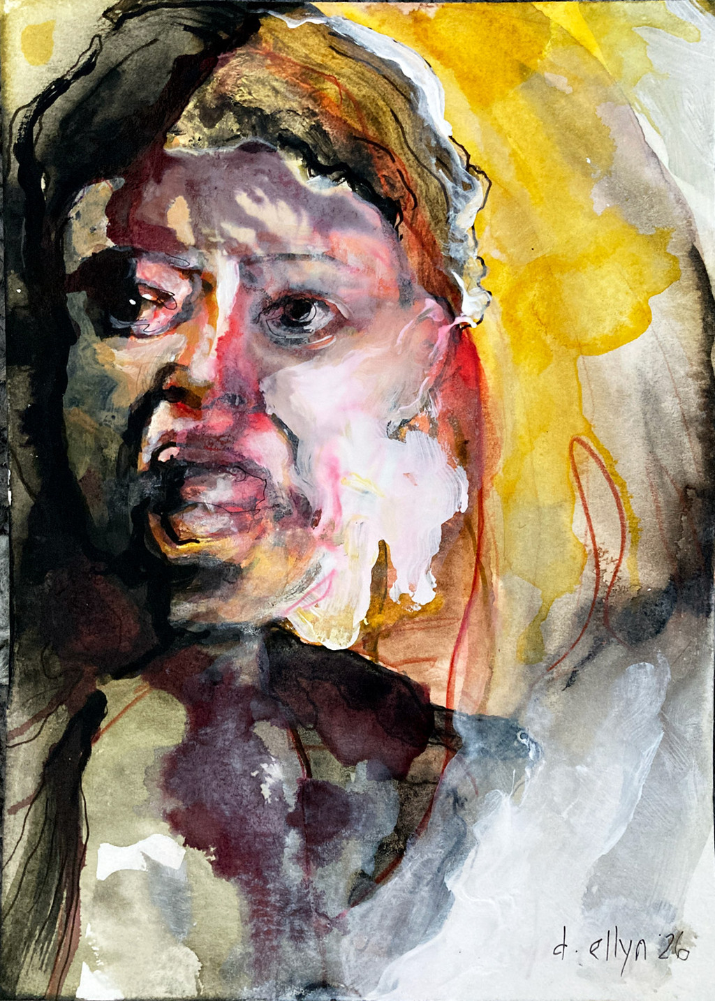 Witness is an original 5×7 ink and watercolor painting by Dana Ellyn—an ethereal, haunting portrait.