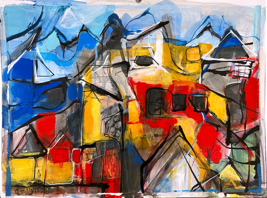 Abstract painting in blue, red, yellow, and black with layered geometric forms and expressive lines suggesting fractured structures and movement.