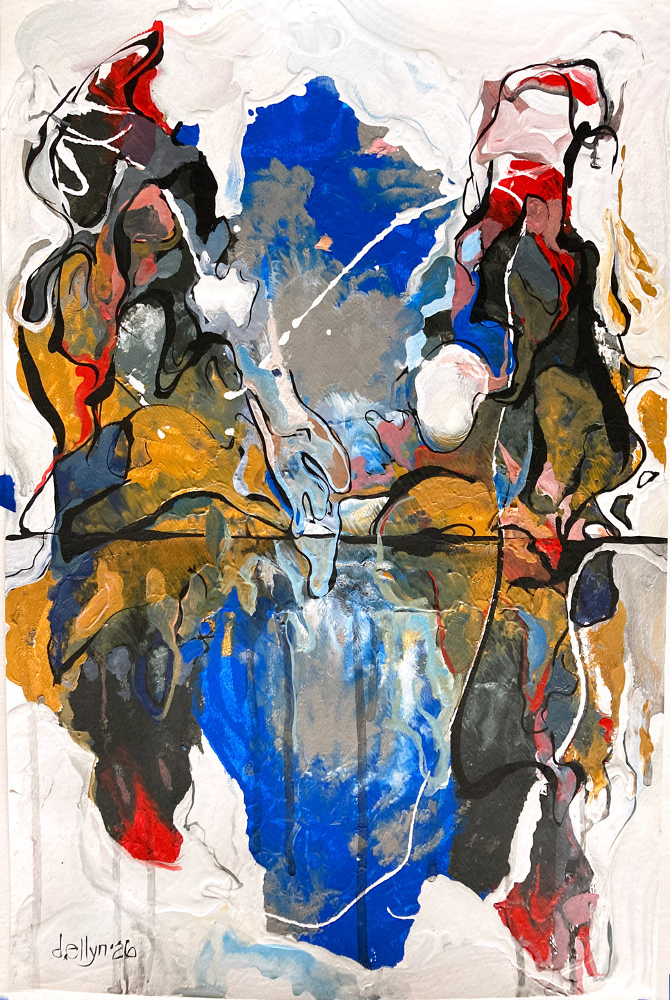 Abstract figures layered together, evoking childhood memory and summers in the Catskills through soft overlapping forms.