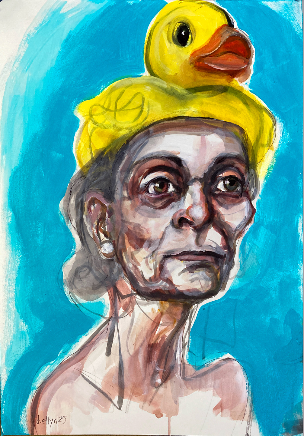 Painting of an older woman wearing a yellow duck hat beside a goose and a rubber duck, exploring humor and introspection.