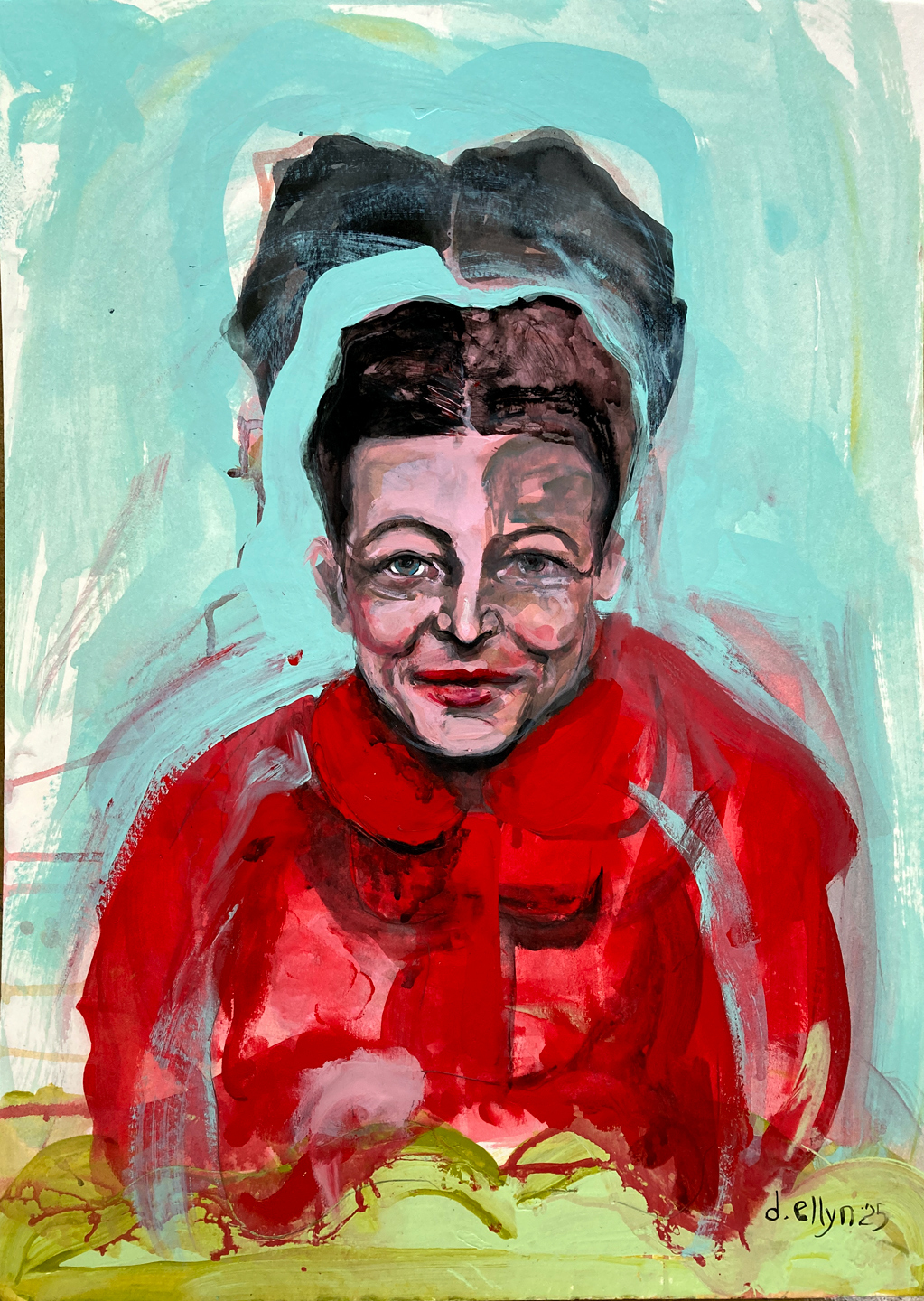 Expressive portrait of Simone de Beauvoir wearing a red coat against a turquoise background, symbolizing intellect and independence.