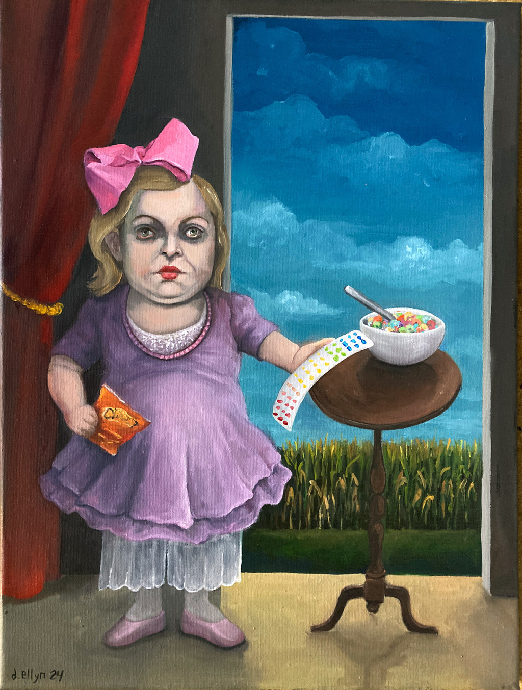 Girl in purple dress holding candy dots and snack, with a bowl of rainbow cereal before a cornfield under a surreal sky.