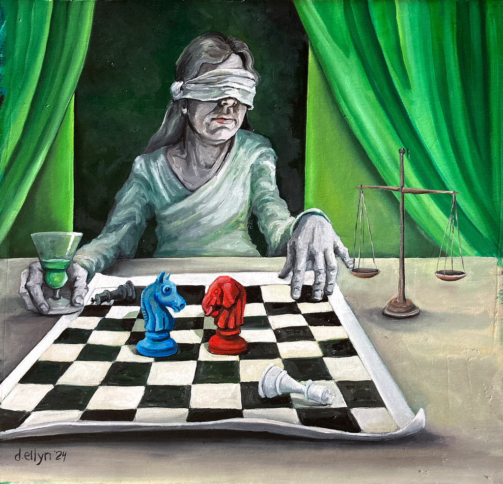 Blindfolded woman plays chess with red and blue knights, holding a green cocktail, beside a tilted scale and draped green curtains.