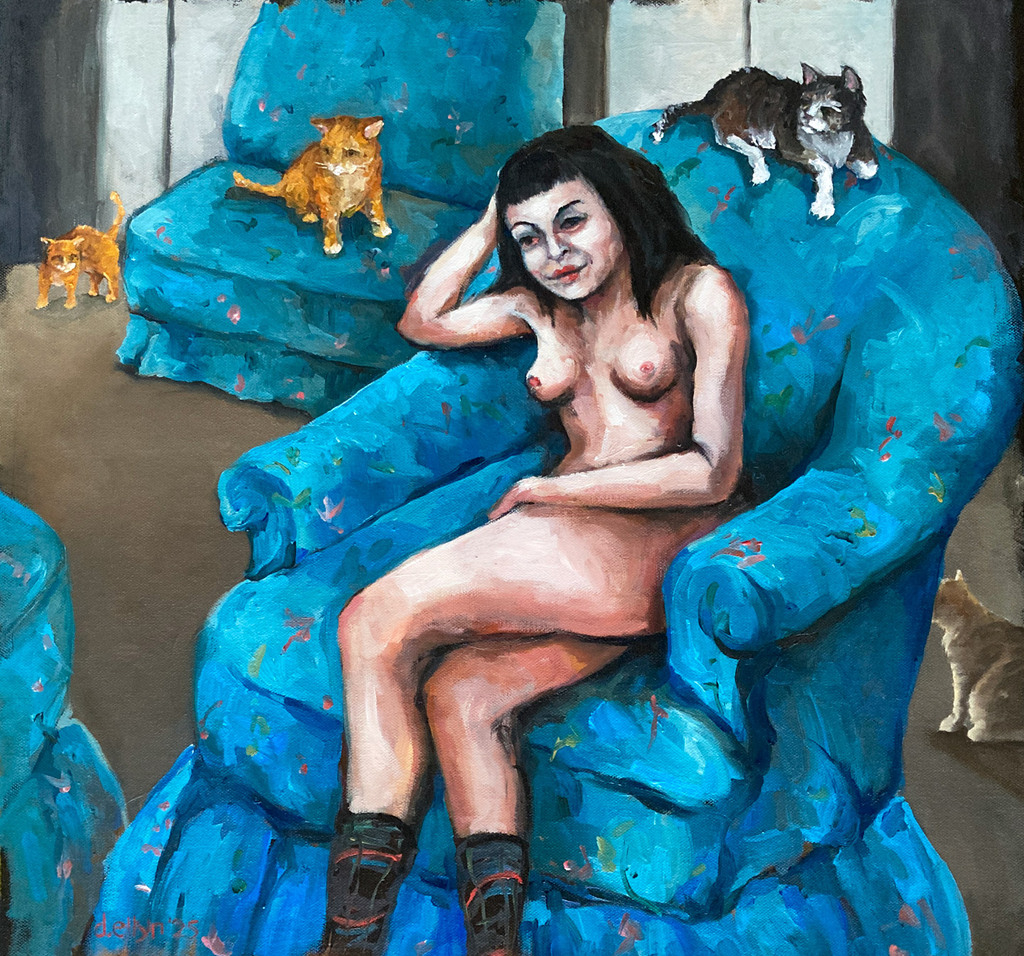 Modern reinterpretation of Cassatt’s "Woman in a Blue Armchair"—a bold nude portrait with cats and confident female gaze.