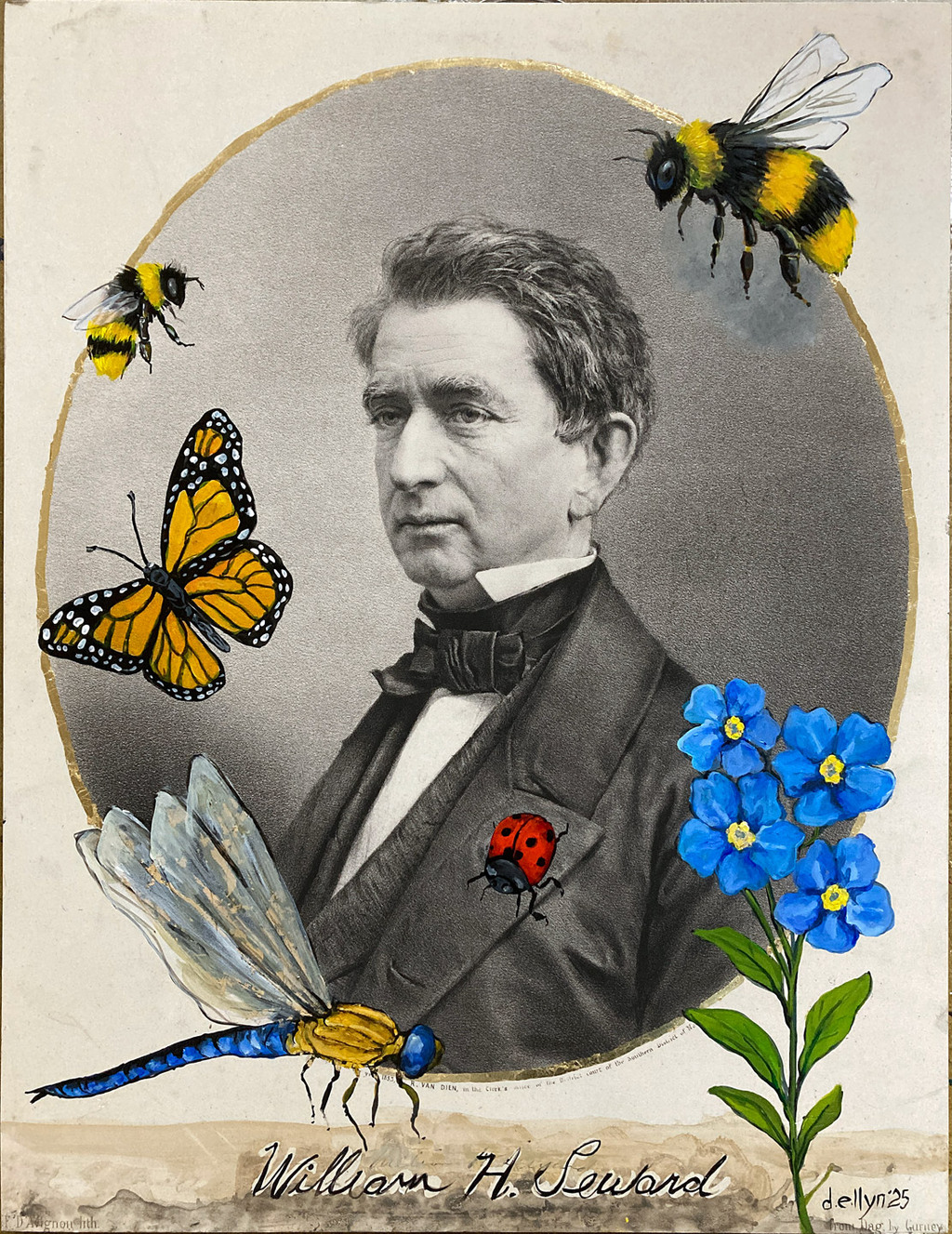 Seward portrait with painted insects and Forget-Me-Nots, on reclaimed NPG exhibit wood. A tribute to memory and resilience.