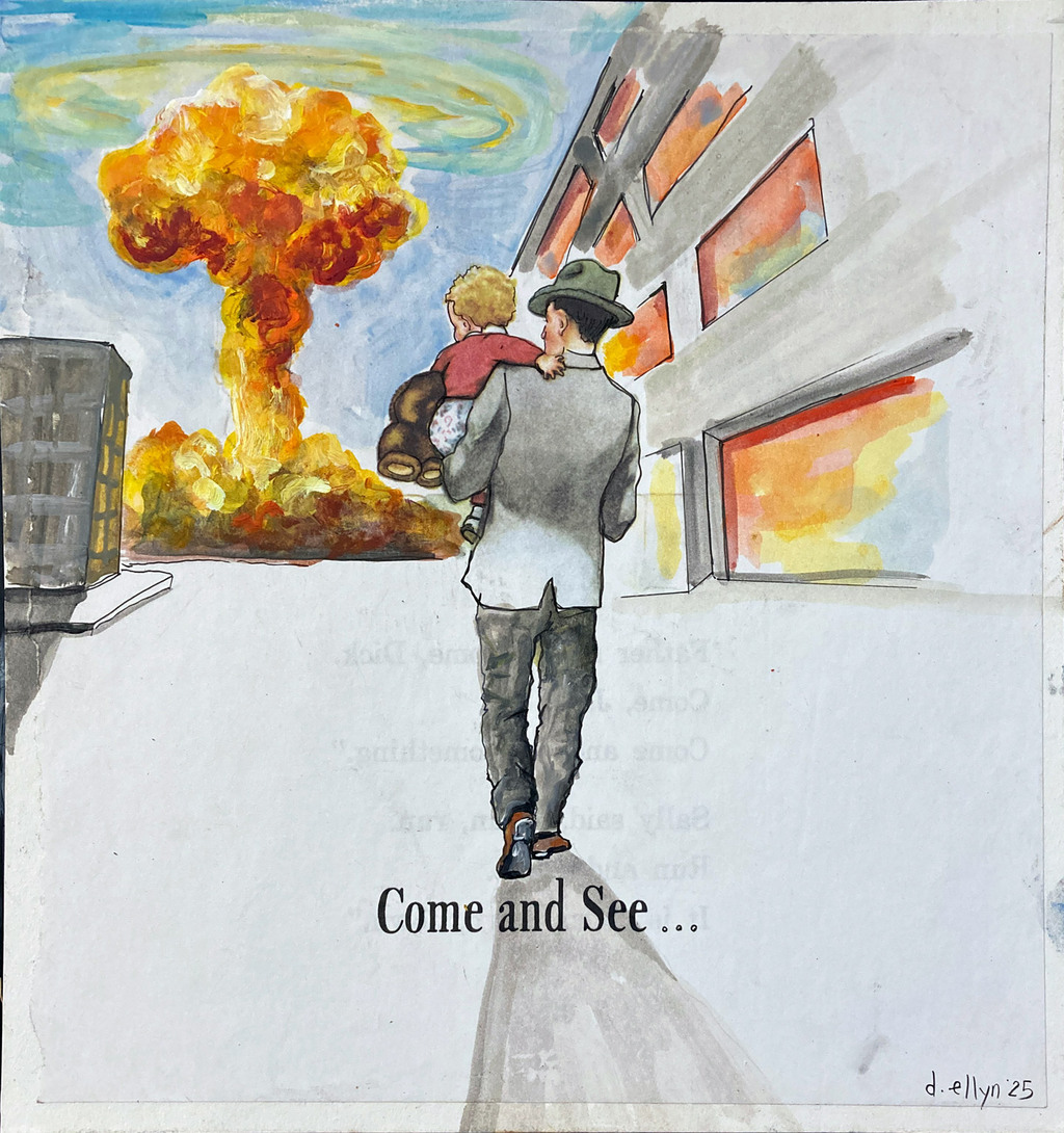 A suited man carries a child toward a mushroom cloud. Painted over vintage primer page with eerie simplicity and modern dread.
