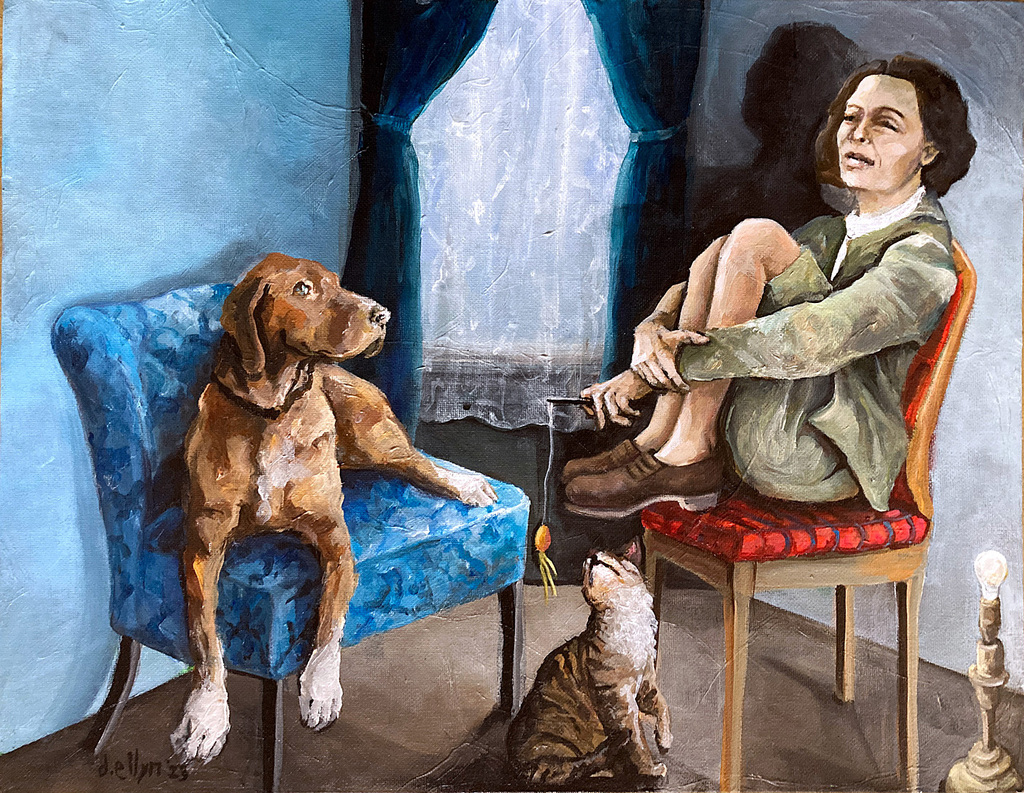 Woman sits curled on a red chair, facing a dog and cat in a cozy room with velvet curtains and a single exposed lightbulb.