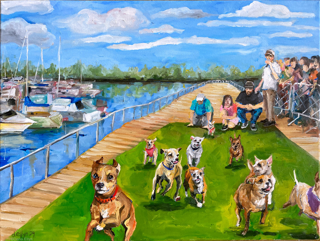 Excited dogs race on a green runway by a marina as spectators cheer from the pier during a sunny day at the waterfront.