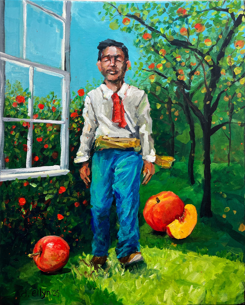 ainting of a man sleepwalking through a sunny orchard with oversized apples and peaches, a window to more fruit trees behind him.