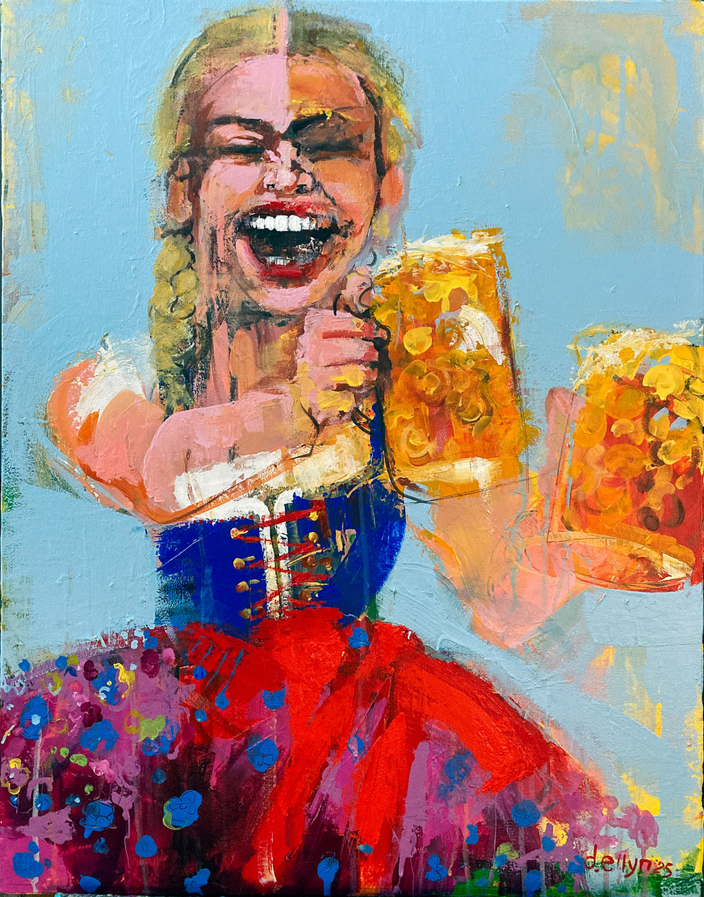 Ocktoberfest inspired painting of a blond woman with braided hair in traditional German outfit holding two steins of beeer