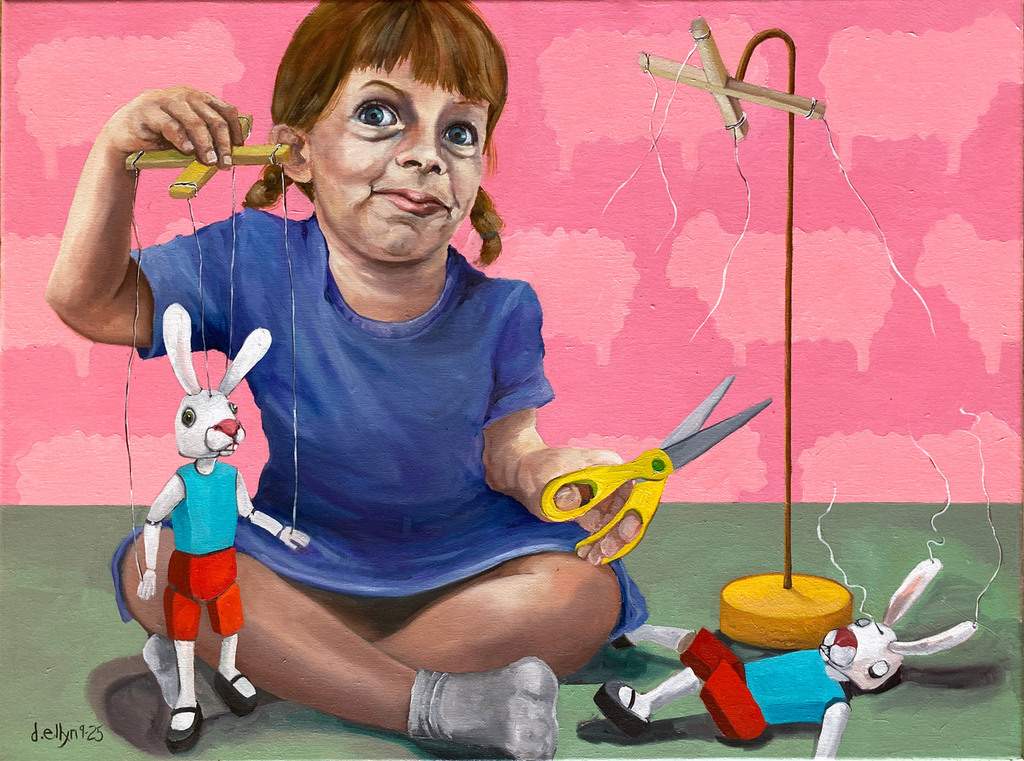 Painting titled Snipped (Freedom of Speech, Strings Attached) showing a child puppeteer cutting strings to silence a marionette.