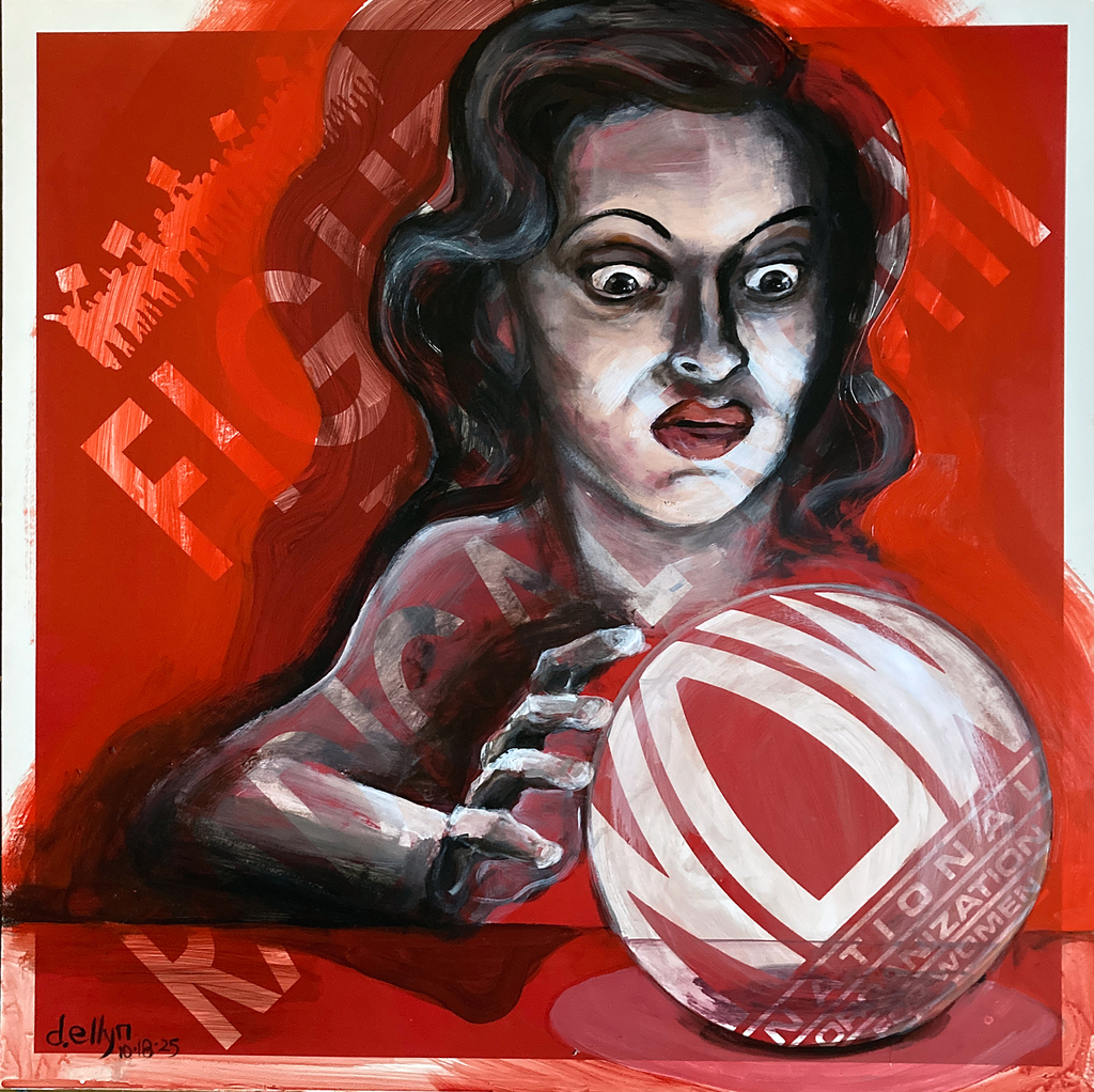 Painting of a woman gazing at a glowing “NOW” sphere on a red background, symbolizing awareness and the arrival of the future.