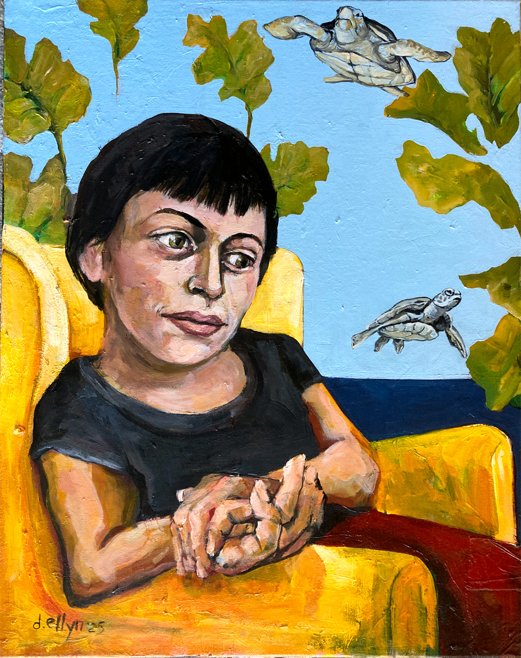 Painting titled “Equilibrium” by Dana Ellyn showing a seated woman in quiet thought with floating turtles in the sky, symbolizing balance and harmony.