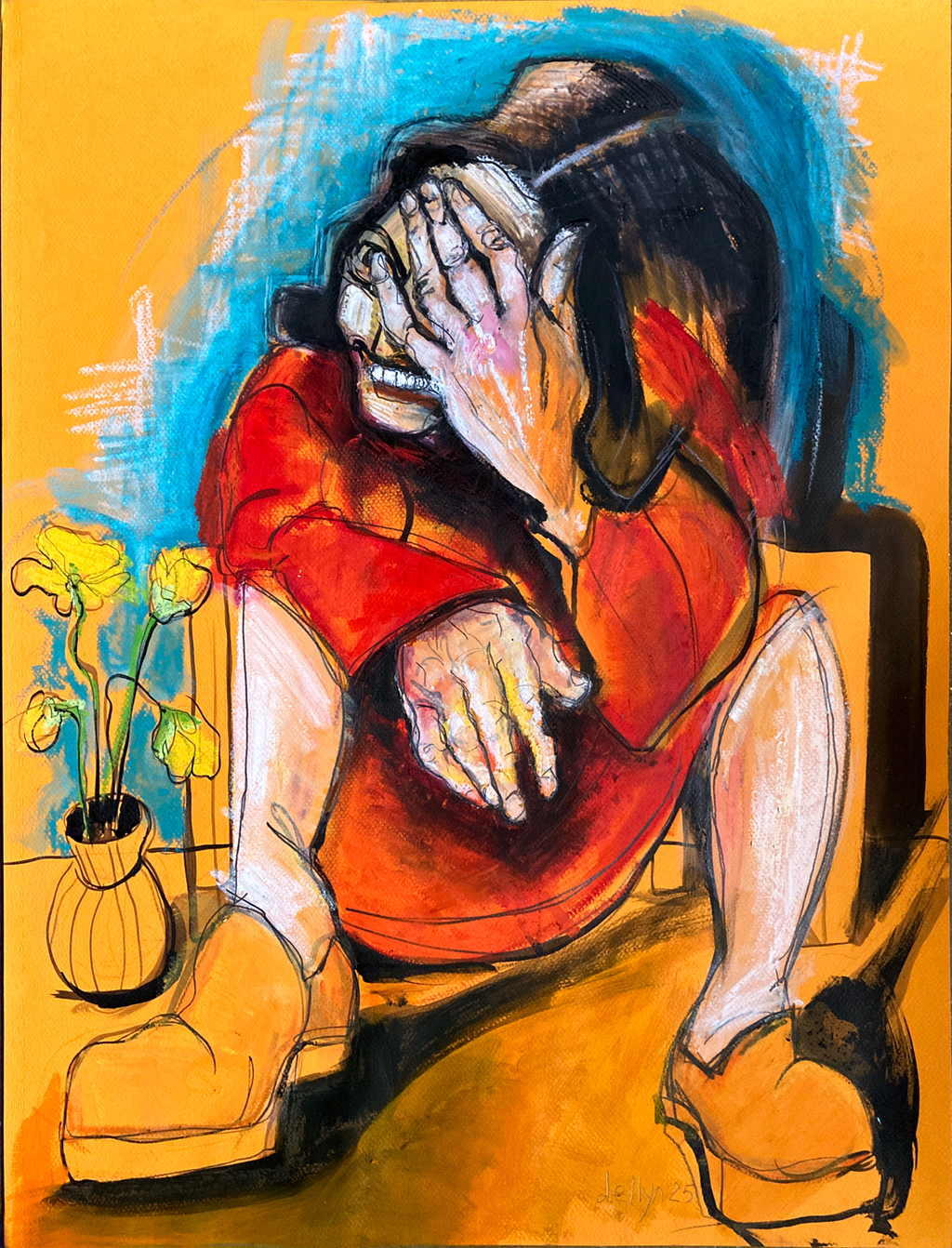 Giddy painting by Dana Ellyn shows a seated figure in red laughing with one hand covering their face, set against a vivid yellow and blue background with a small vase of flowers.