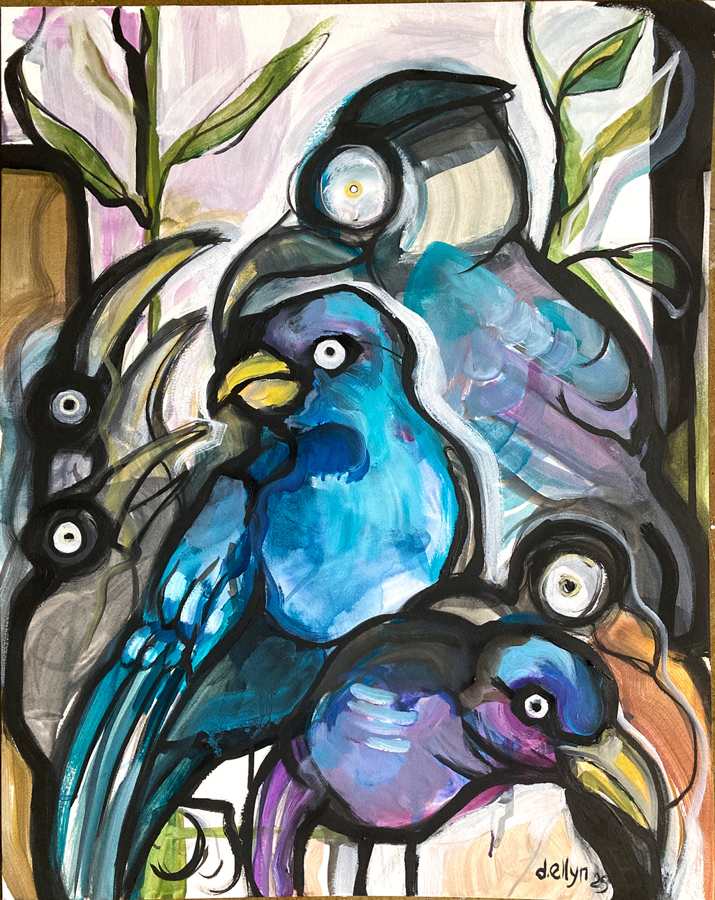 Abstract painting of a group of ravens in blue, black, and violet tones by artist Dana Ellyn.