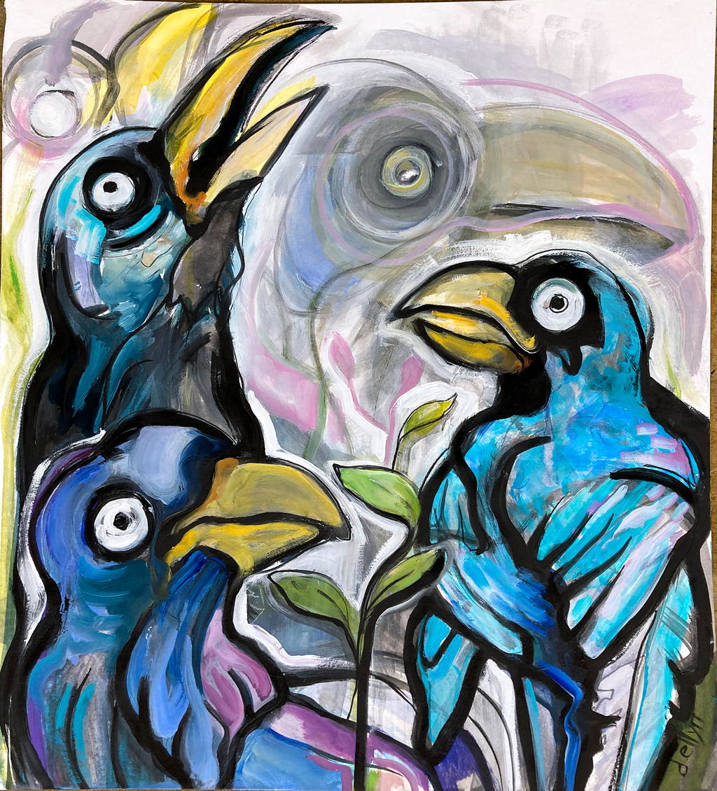 Abstract painting of a group of ravens in blue, black, and violet tones by artist Dana Ellyn.