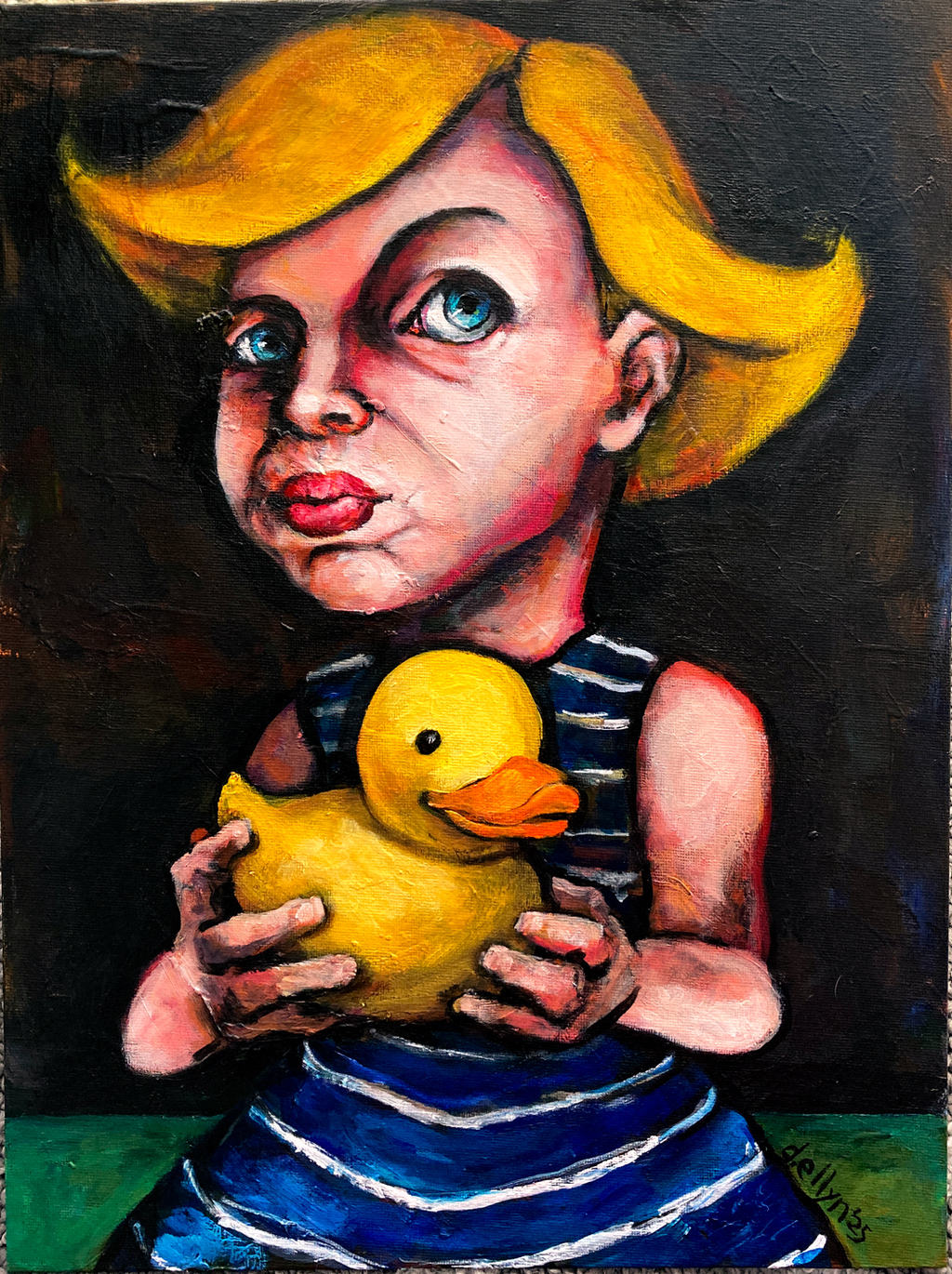 A young child with exaggerated features holds a bright yellow rubber duck, painted in bold expressionist style with rich contrasts.