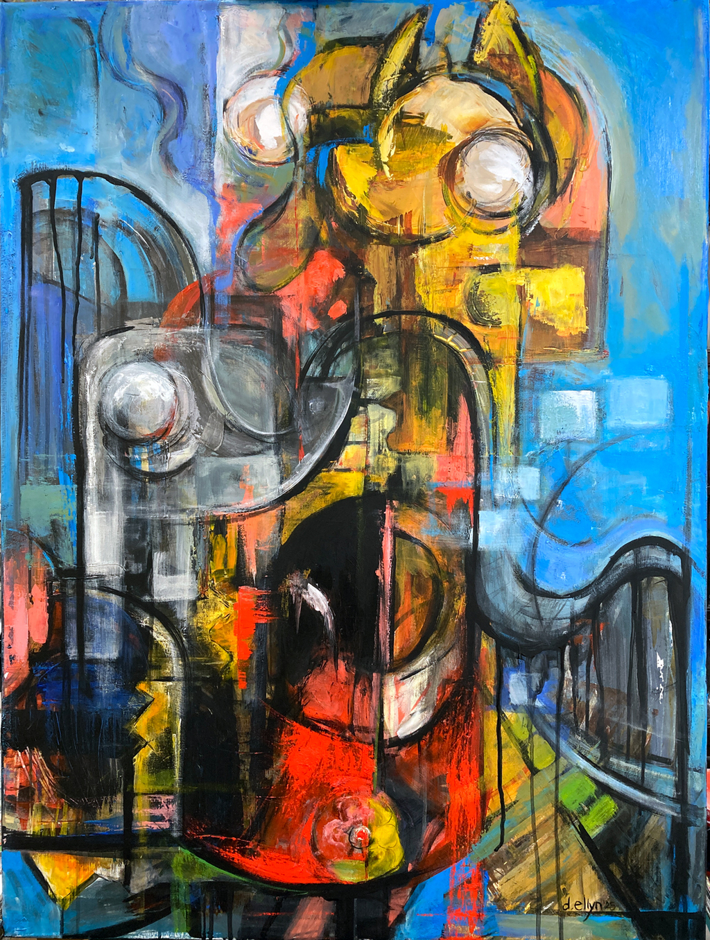 Abstract painting with bold blues, yellows, reds, and sweeping black arcs inspired by Coney Island forms.