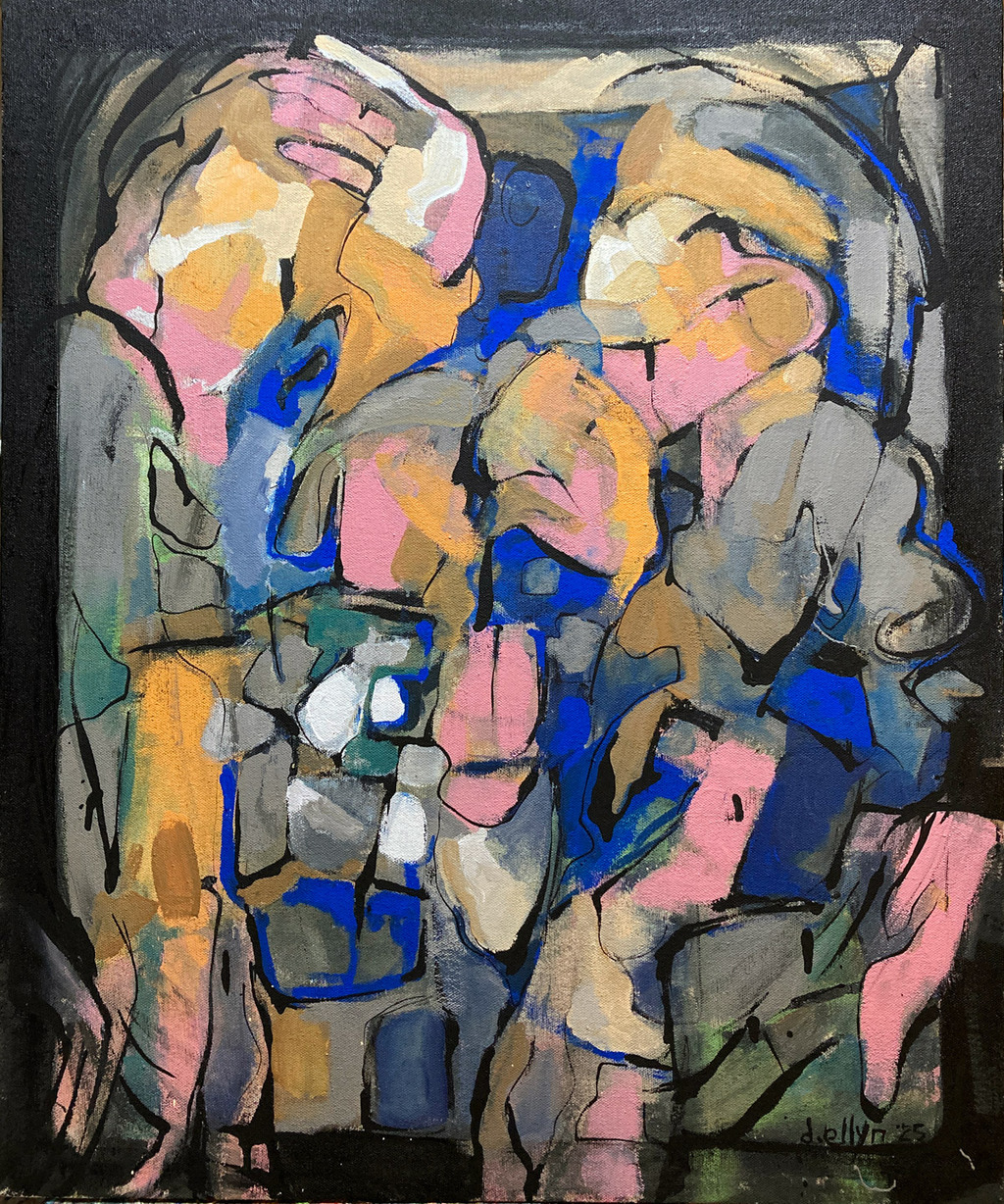 Abstract painting of overlapping human-like forms in blue, pink, gray, and tan suggesting a group of figures gathered together.