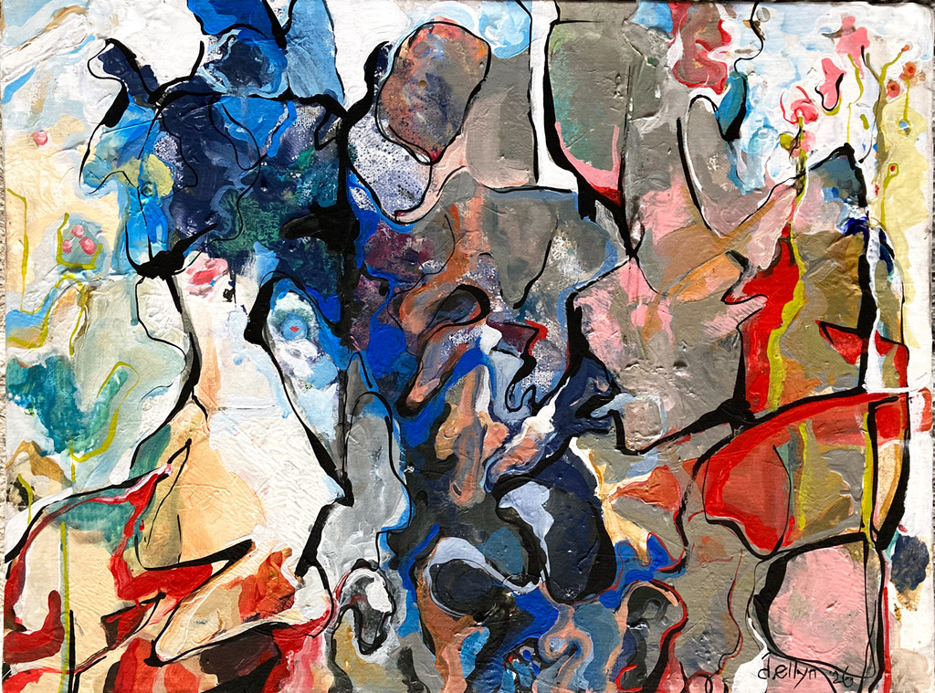 Abstract figures layered together, evoking childhood memory and summers in the Catskills through soft overlapping forms.