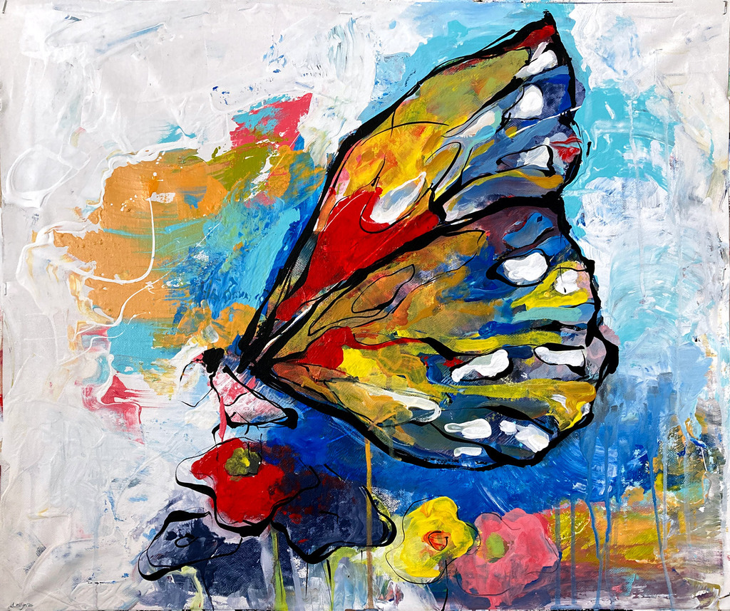 Palette-pressed abstract painting where butterfly and flower shapes appear through layered color, texture, and spontaneous form.