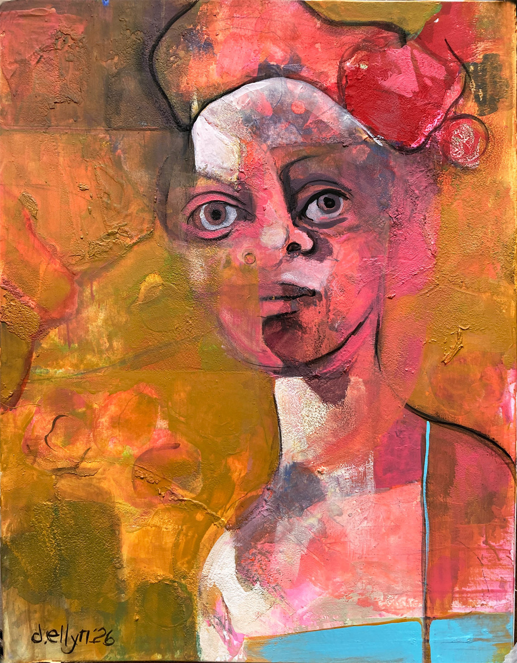 Abstract figurative portrait of a woman in warm pink and ochre tones, gazing forward with a calm, contemplative expression. Inspired by works of Willem de Kooning.