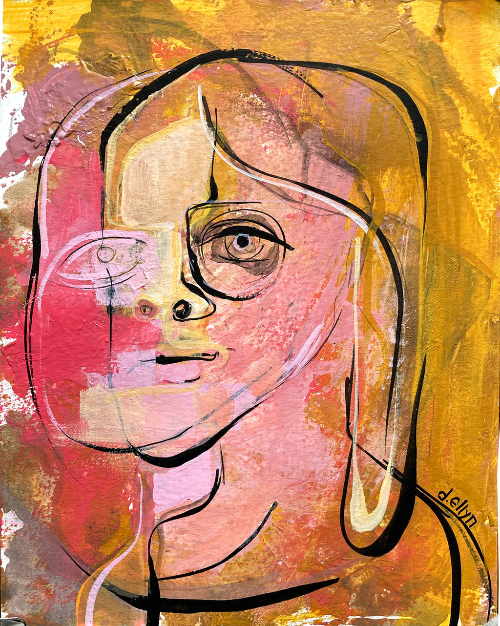 Abstract figurative portrait of a woman in pink and yellow tones with a sideways, alert gaze drawn in bold black lines.
