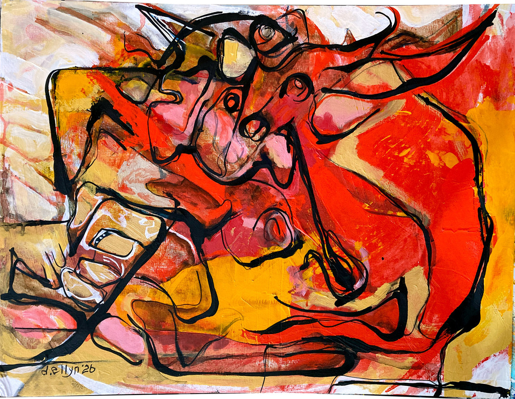 Abstract painting of a reclining bull formed by black contour lines and simplified color shapes on a light background.