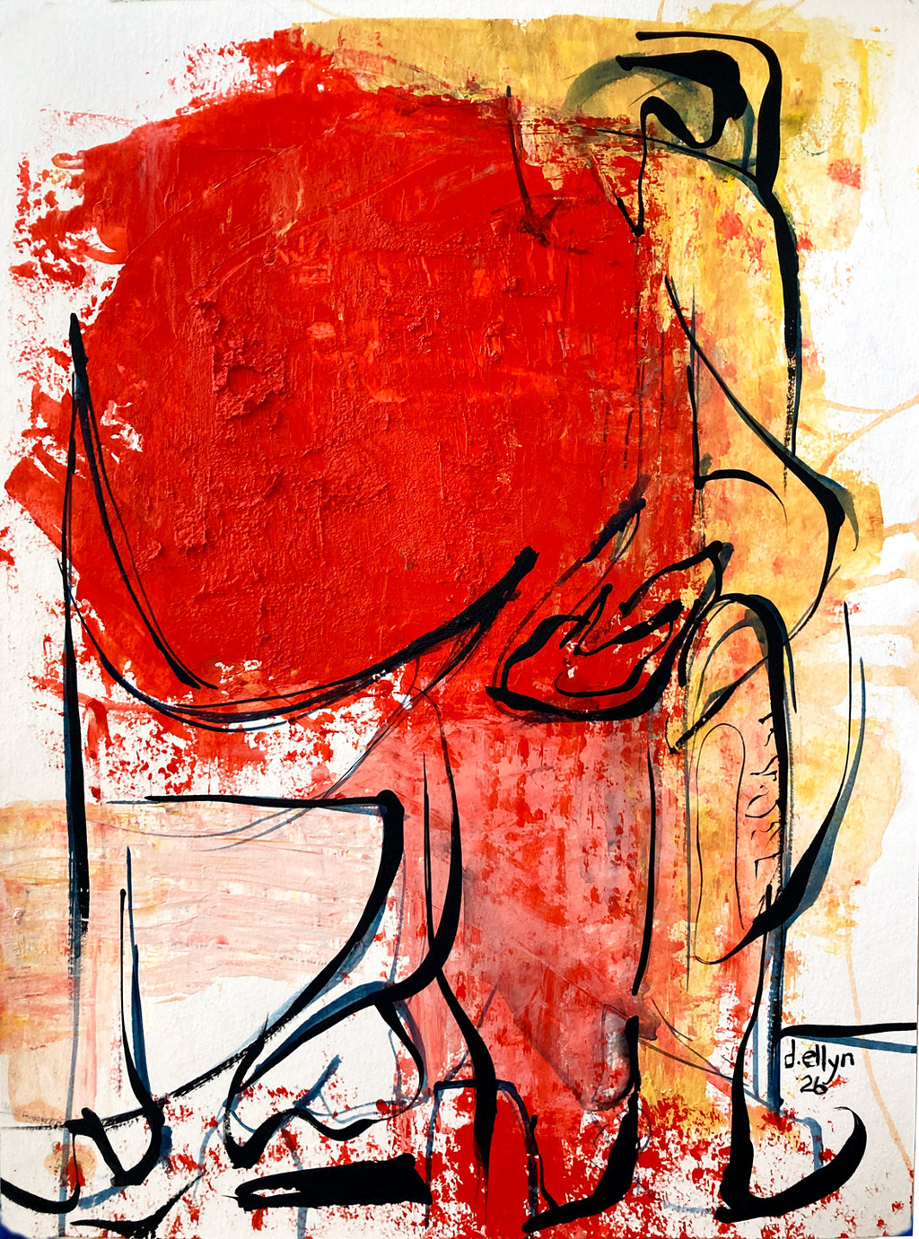 Abstract painting of a reclining bull formed by black contour lines and simplified color shapes on a light background.