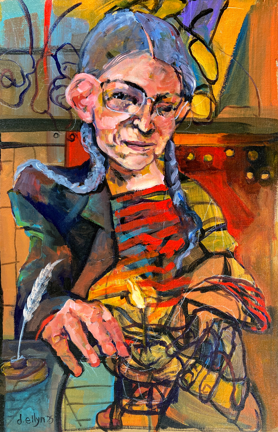 Expressive portrait painting by Dana Ellyn showing a seated figure with braids and striped shirt, hands mid-motion, symbolizing transformation and process of becoming.