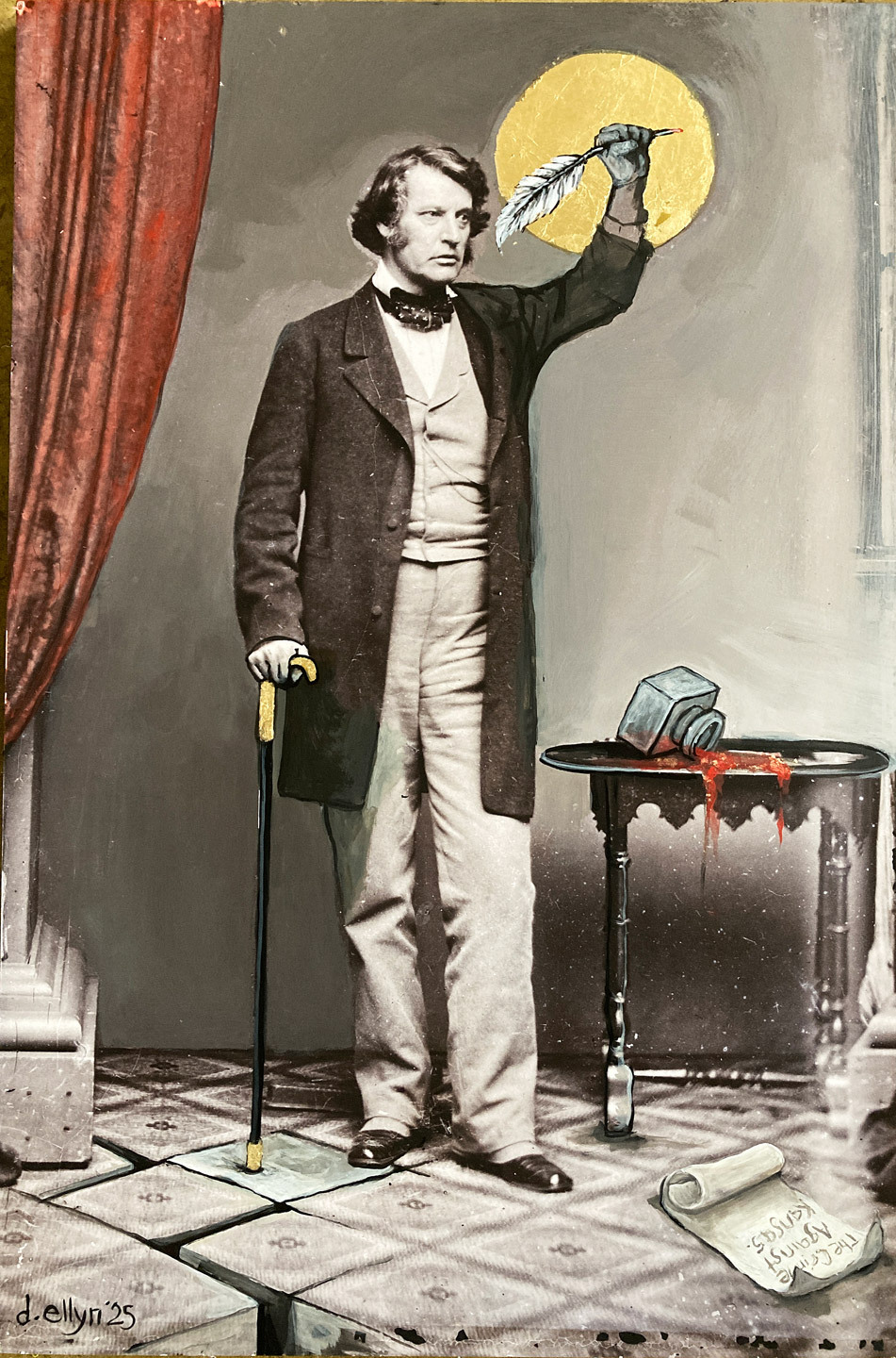 Bold portrait of Charles Sumner with blood-tipped quill, painted on salvaged wood from the National Portrait Gallery.
