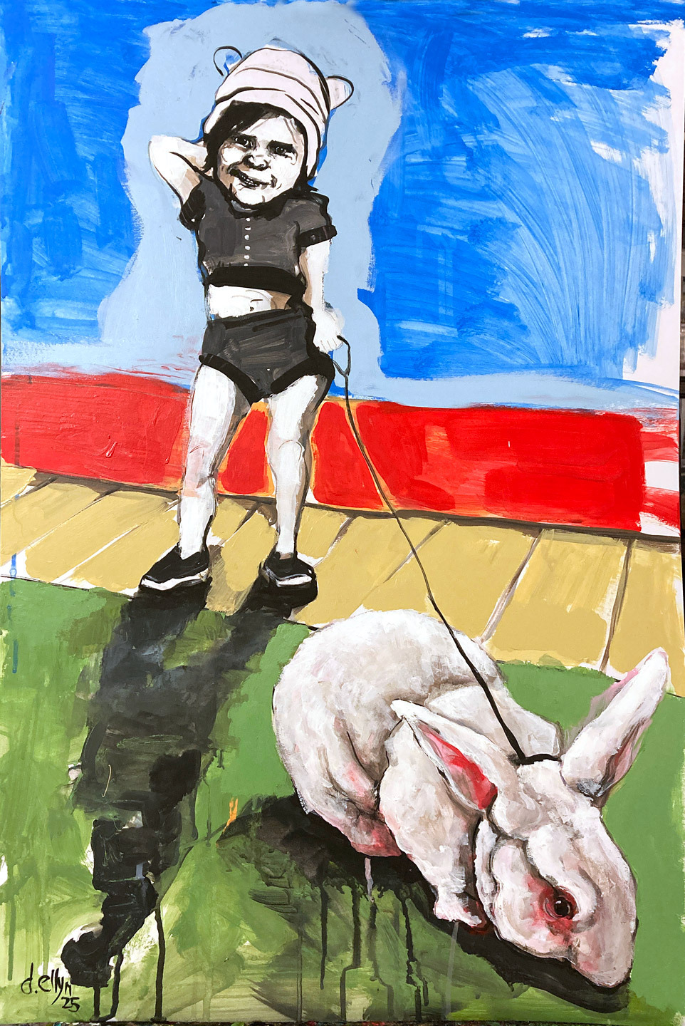 Contemporary painting of a child walking an oversized white bunny on a boardwalk, painted in bold, graphic color blocks.